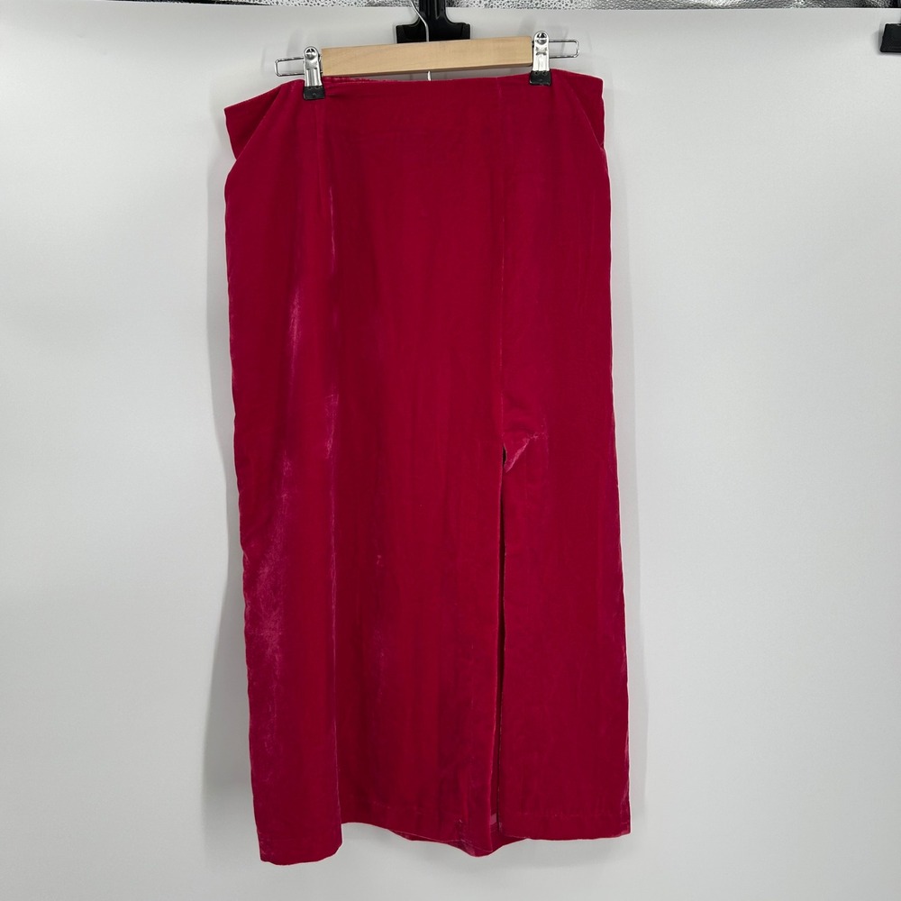 Magenta Pink Velvet Maxi Skirt XL Front Slit Elastic Waist Formal Evening Glam